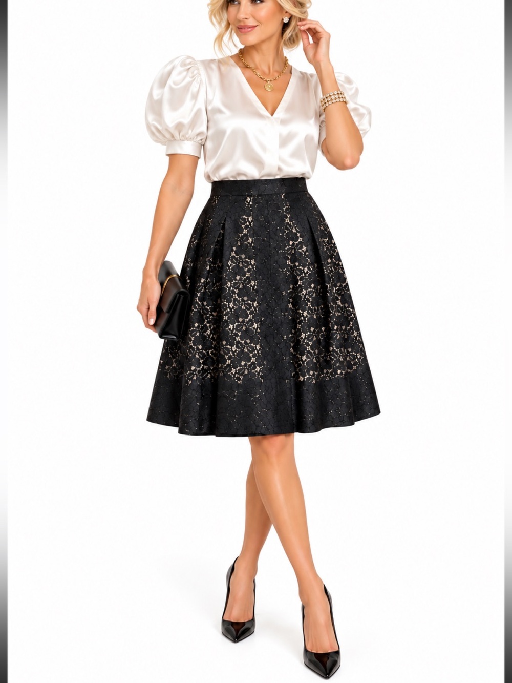 TALBOTS BLACK LACE OVERLAY HOLIDAY PLEATED A-LINE SKIRT SZ 4 EUC